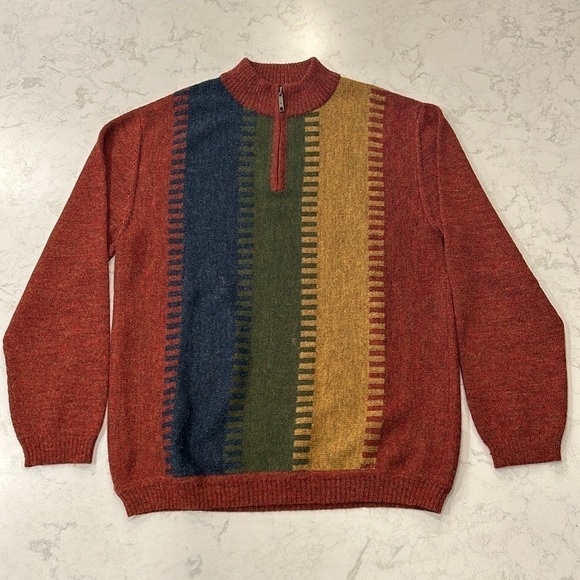Peru Etnice 1/4 Zip Sweater Mens Size Large 100% Alpaca Striped Long Sleeve - Picture 1 of 16